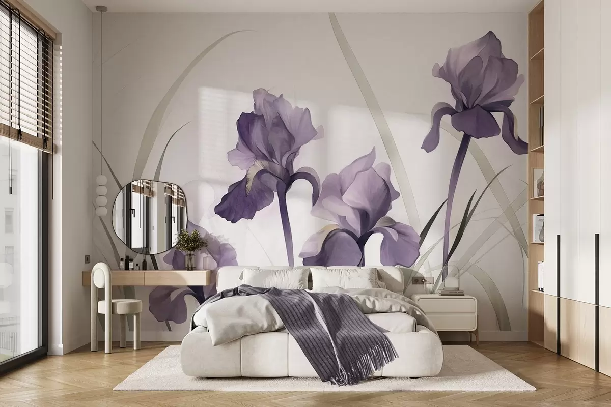 Valokuvatapetti Violetti iiris kukat vihreillä varrilla, vesivärimaalaus tyyli, valkoinen tausta, pehmeät värit, elegantti, taiteellinen w09425