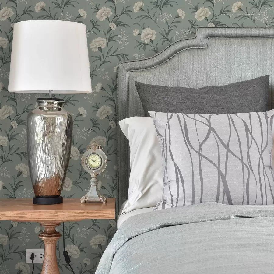 Valokuvatapetti Harmaanvihreällä taustalla olevat jauhemaiset neilikat, hienostunut painatus a00610