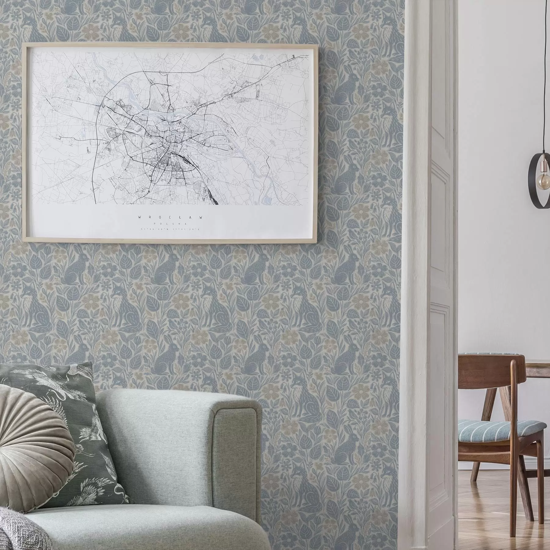 Valokuvatapetti Metsän eläimet ja kukat: kettu ja jänis sinisissä sävyissä a00613