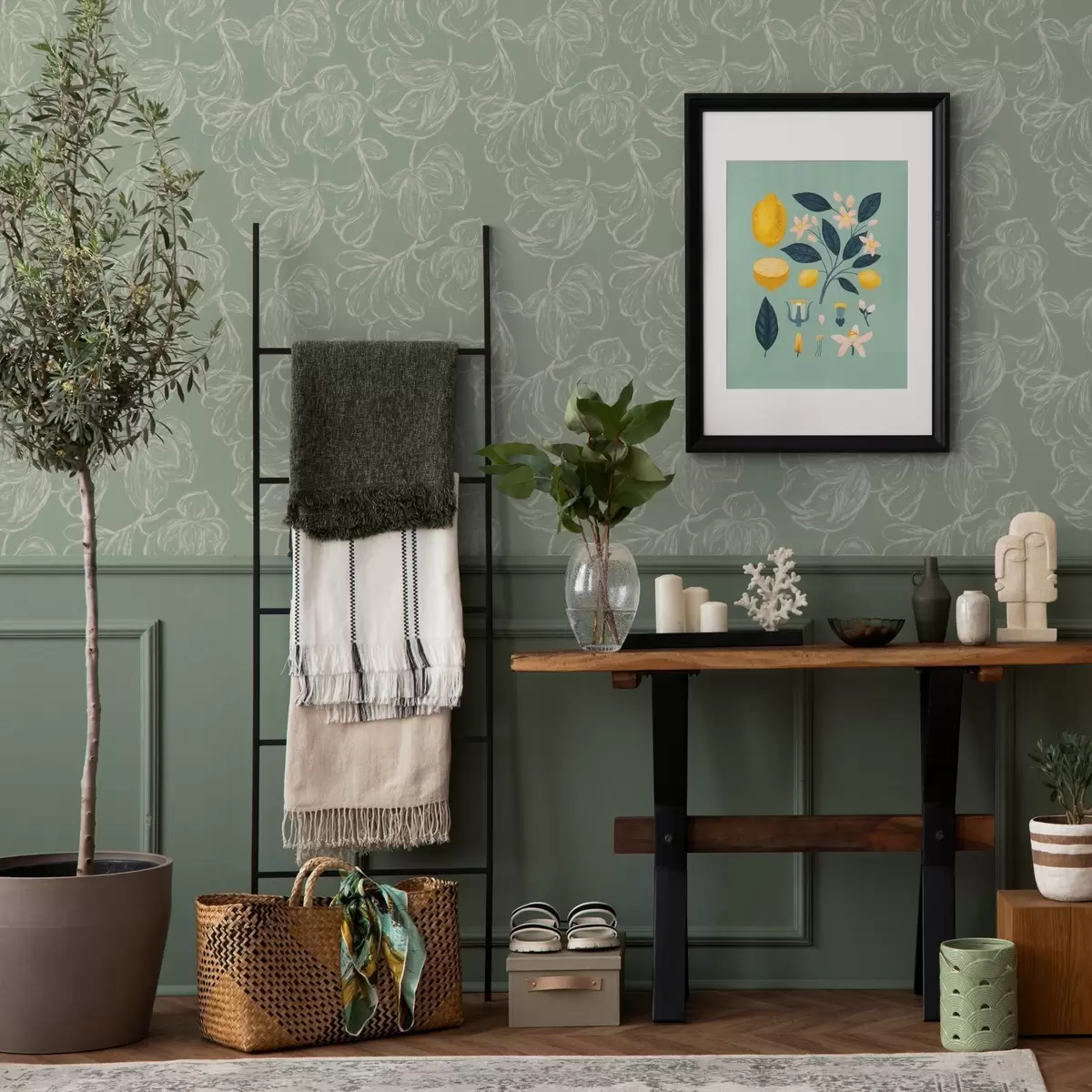 Taustakuva Lineaariset suuret kukat, liidulla piirretyt viivat salvia-taustalla a00625v1