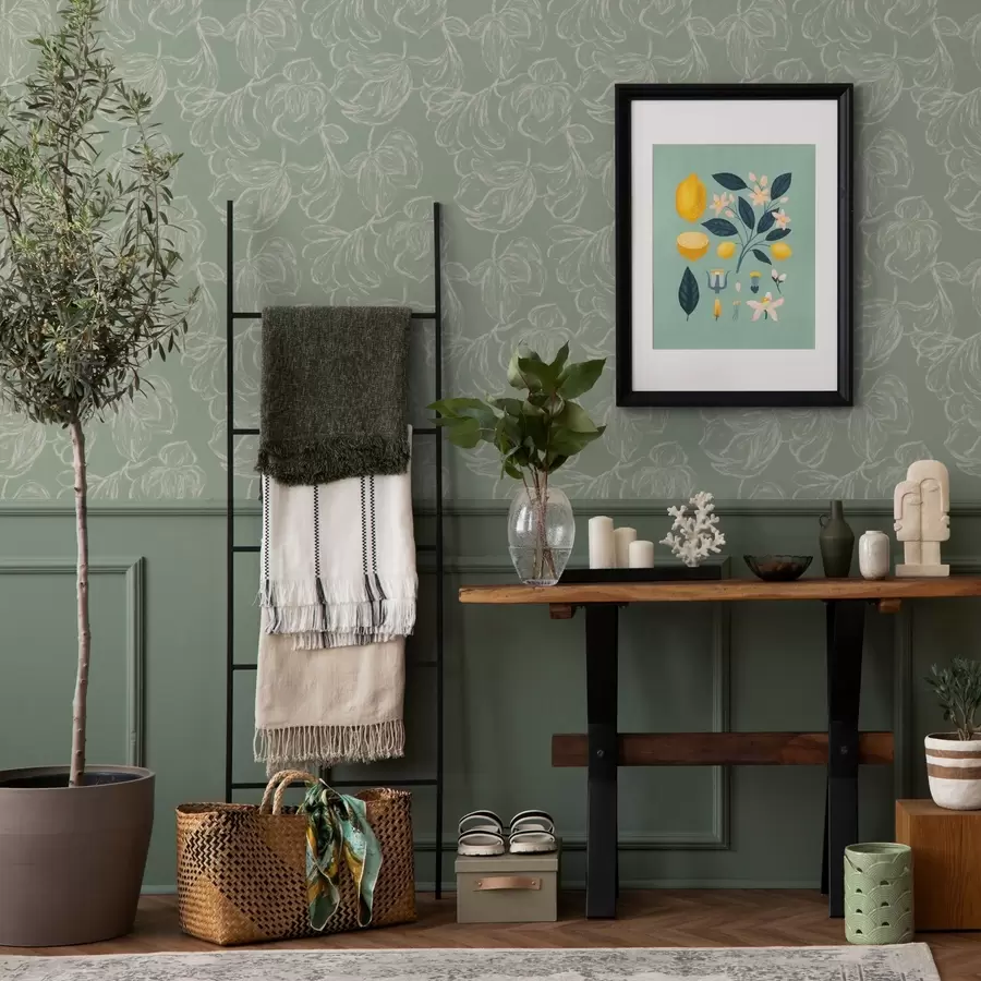 Valokuvatapetti Lineaariset suuret kukat, liidulla piirretyt viivat salvia-taustalla a00625v1