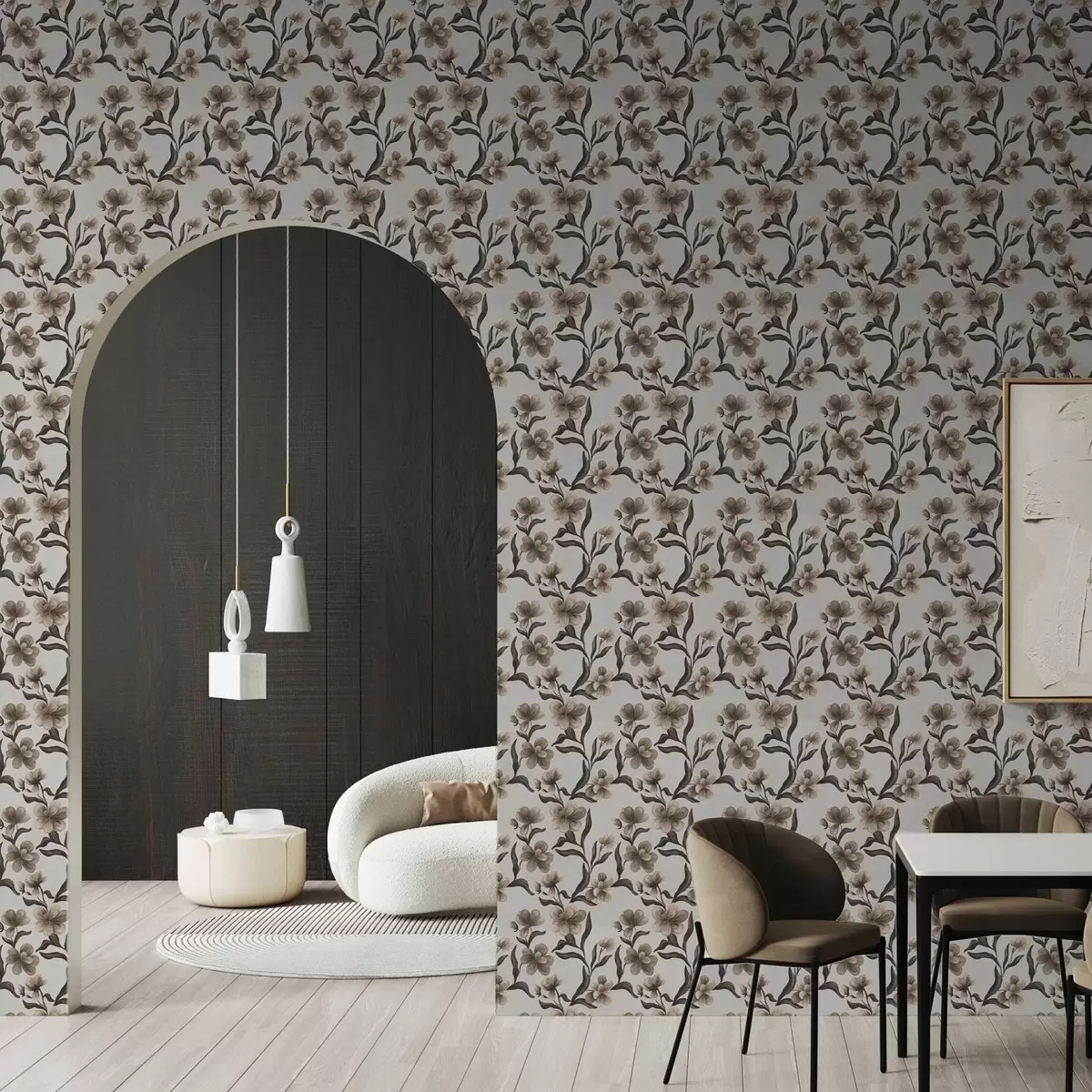 Taustakuva Beiget kukat ja tummat oksat vaaleanharmaalla taustalla a00626v1