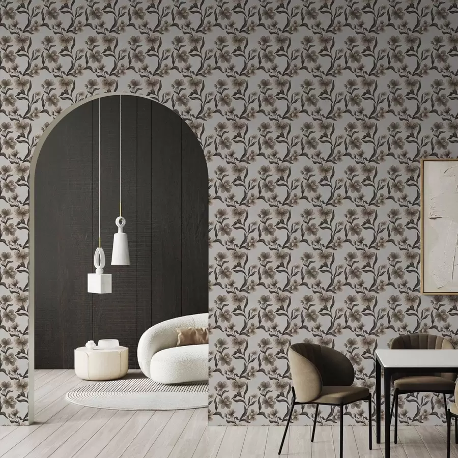 Valokuvatapetti Beiget kukat ja tummat oksat vaaleanharmaalla taustalla a00626v1