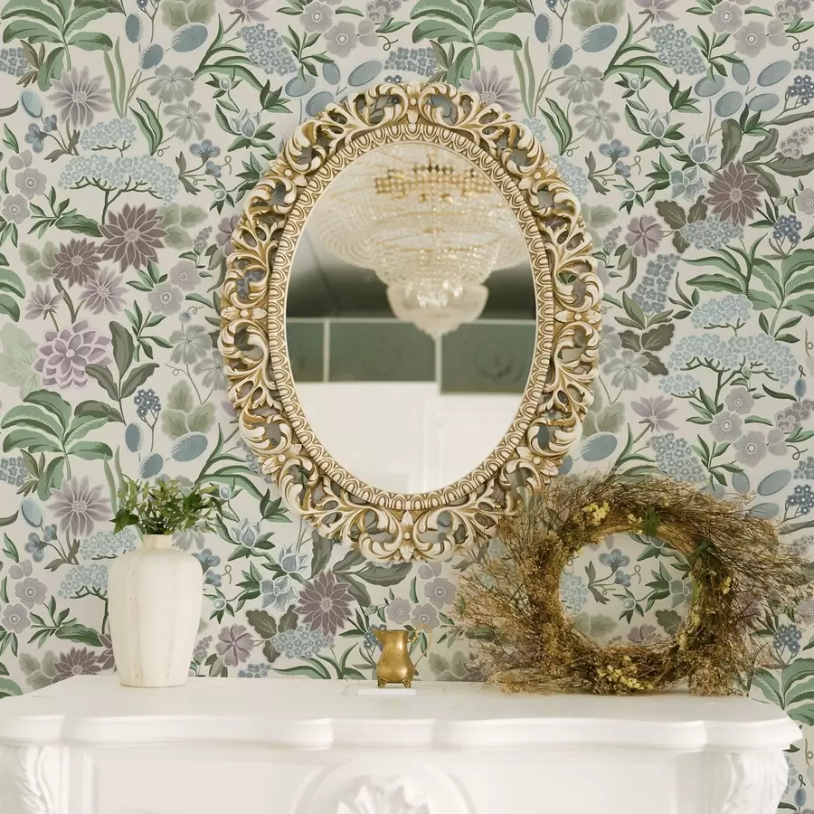 Valokuvatapetti Pastellivärit kukat ja lehdet mintunsinisessä värimaailmassa a00642