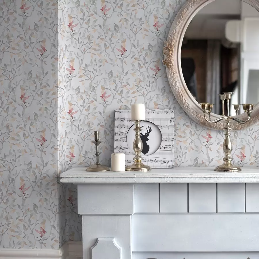 Valokuvatapetti Kevyet oksat, joissa on lehtiä ja lintuja persikan sävyissä a00716