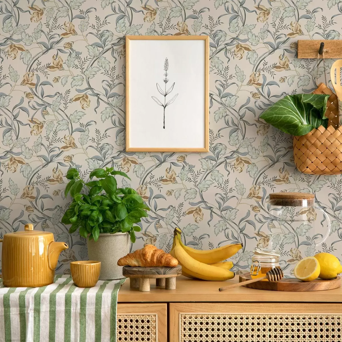 Taustakuva Vintage-kukat sinisellä lehdellä kermanvärisellä taustalla a00717