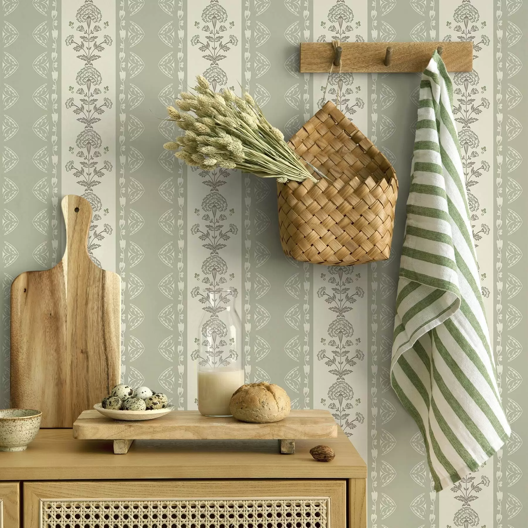 Valokuvatapetti Raidallinen koriste, jossa on salvia-sävyisiä kukkakuvioisia pylväitä a00719