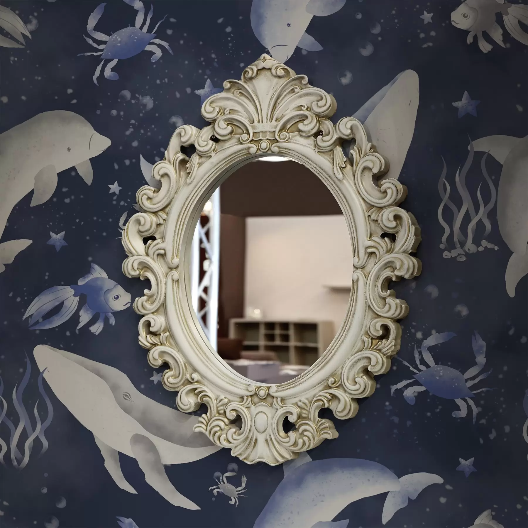 Valokuvatapetti Merivalaat, delfiinit ja ravut tummansinisellä taustalla a00720