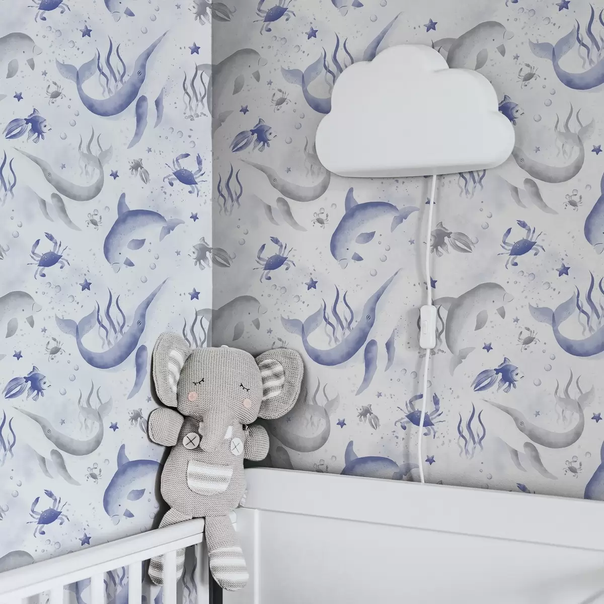 Taustakuva Sinisävyiset merivalaat ja delfiinit valkoisella taustalla a00720v1