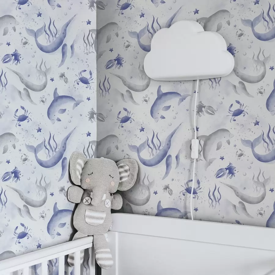 Valokuvatapetti Sinisävyiset merivalaat ja delfiinit valkoisella taustalla a00720v1