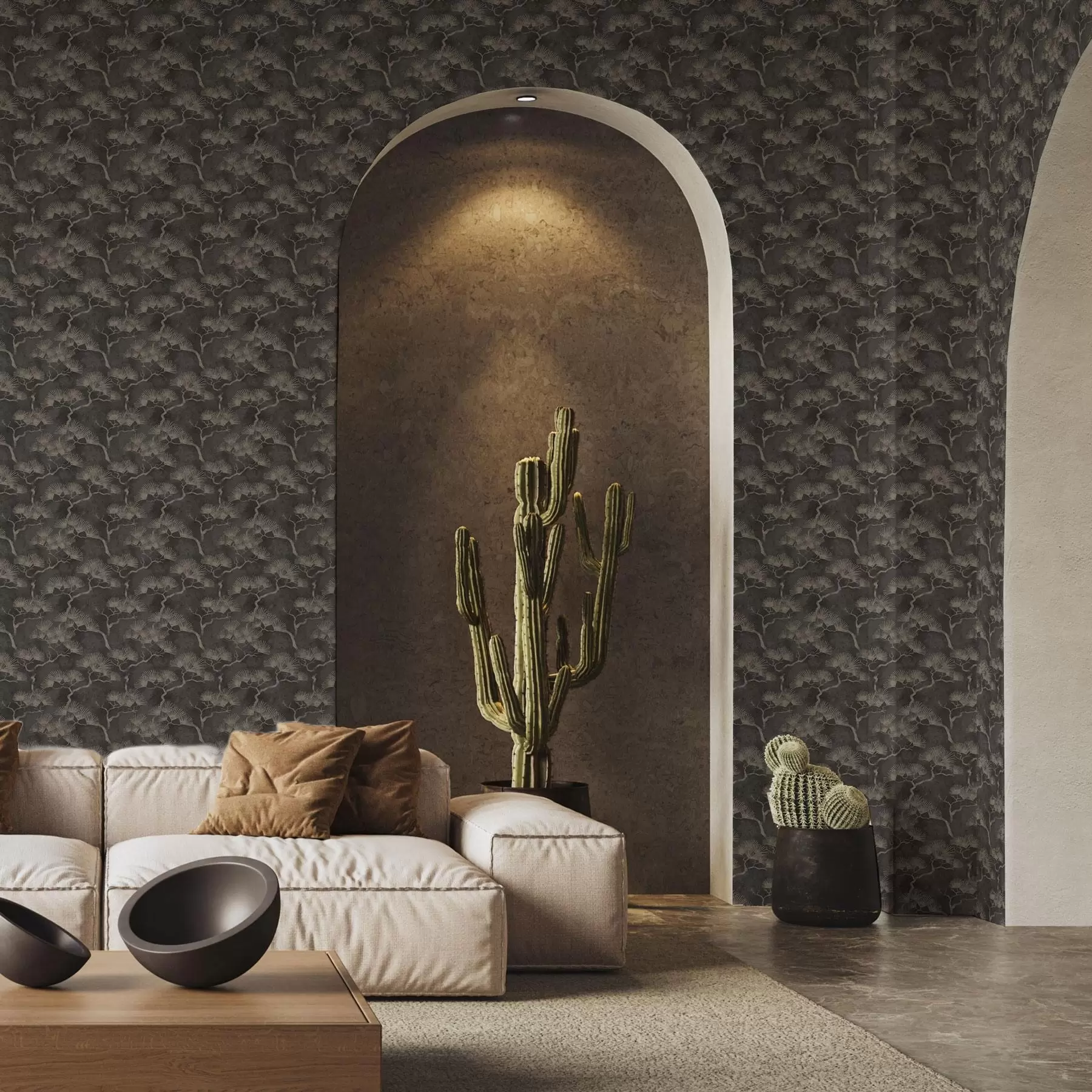 Valokuvatapetti Mäntyjen siluetit tummalla taustalla, sumuinen tekstuuri a00742