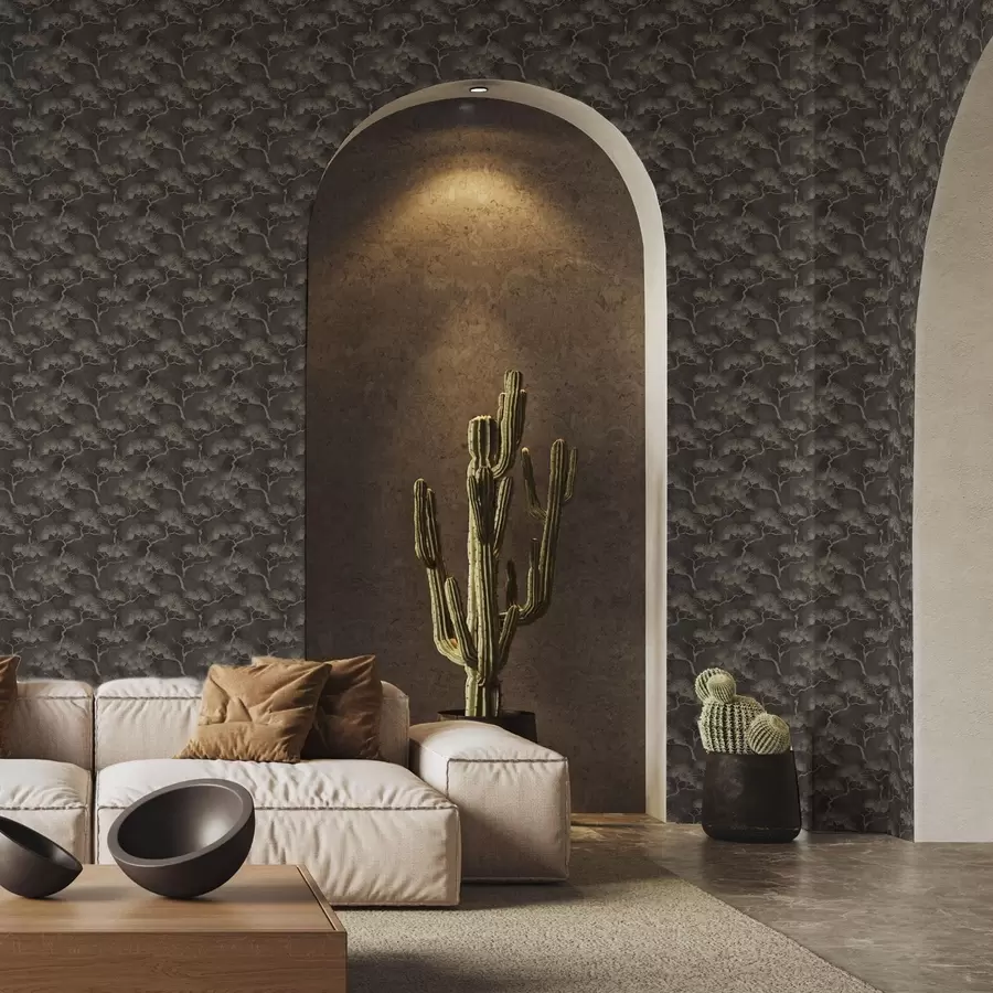 Valokuvatapetti Mäntyjen siluetit tummalla taustalla, sumuinen tekstuuri a00742