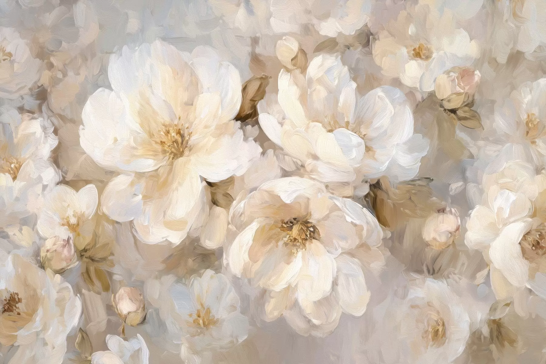 Valokuvatapetti suuret kukat valkoisissa ja beigeissä sävyissä öljymaalauksen tyylillä w04633