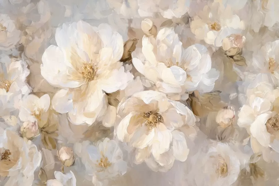 Valokuvatapetti suuret kukat valkoisissa ja beigeissä sävyissä öljymaalauksen tyylillä w04633