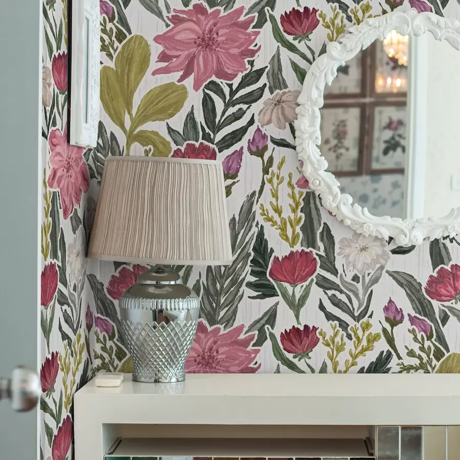 Valokuvatapetti Valkoista taustaa vasten rehevät vaaleanpunaiset ja kermanväriset kukat, impasto-tekstuuri a00629v1