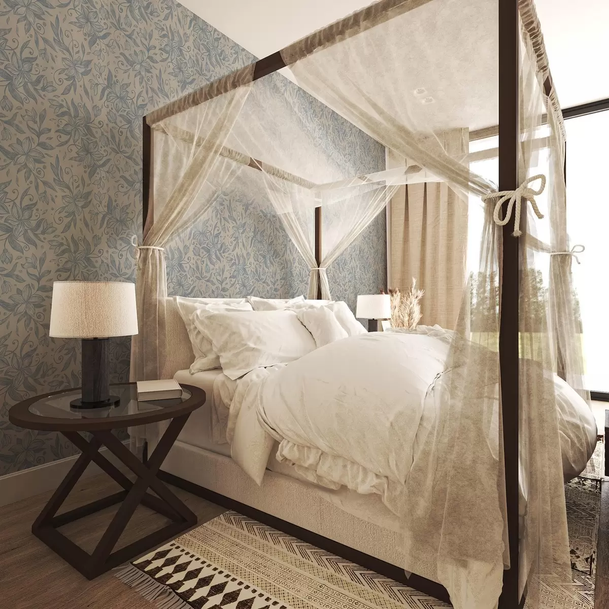 Taustakuva Sininen lineaarinen kukkakuvio lämpimällä beigellä pohjalla a00630v2