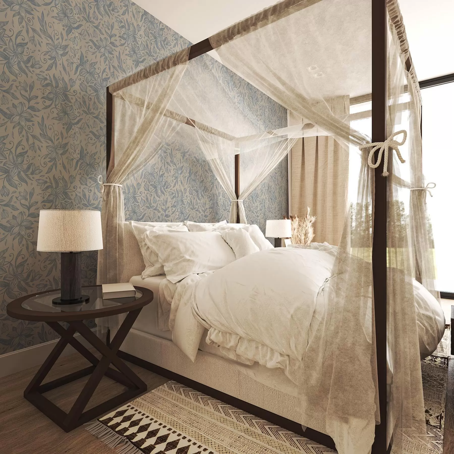 Valokuvatapetti Sininen lineaarinen kukkakuvio lämpimällä beigellä pohjalla a00630v2