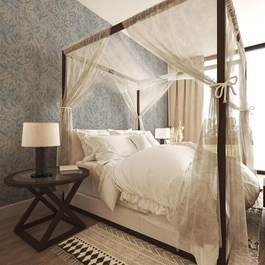 Valokuvatapetti Sininen lineaarinen kukkakuvio lämpimällä beigellä pohjalla a00630v2