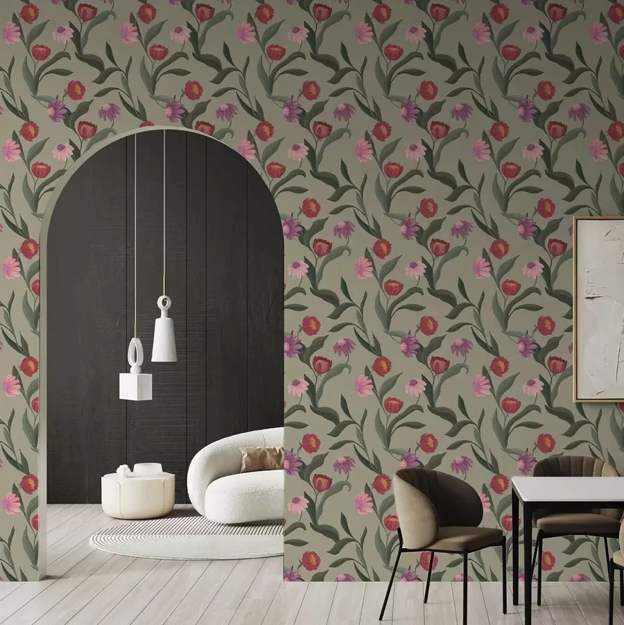 Valokuvatapetti Vaaleanpunaiset kukat oliivinvärisellä taustalla, kankaan tekstuuri a00631v1