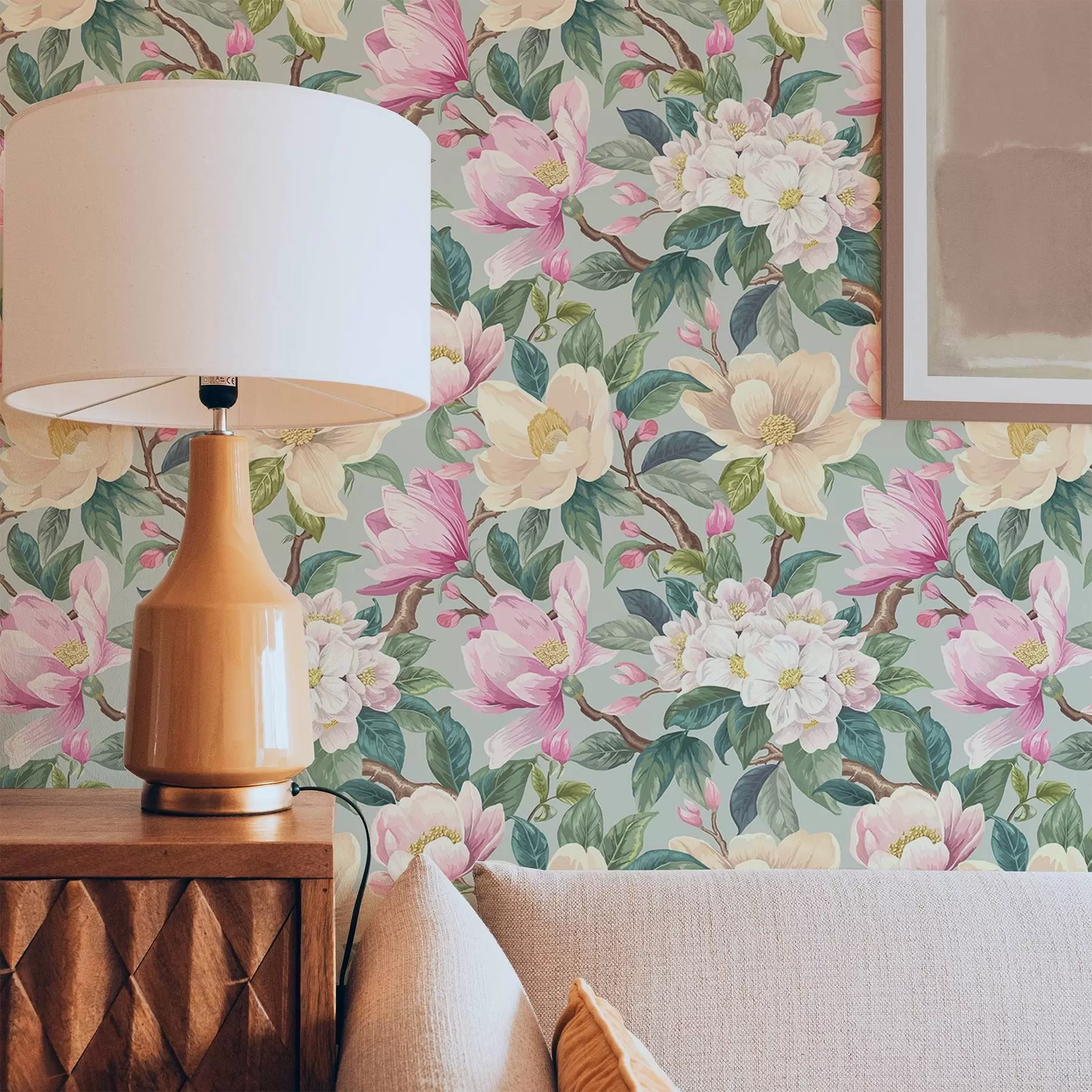 Valokuvatapetti Magnoliat ja valkoiset kukat mintunharmaalla taustalla a00644