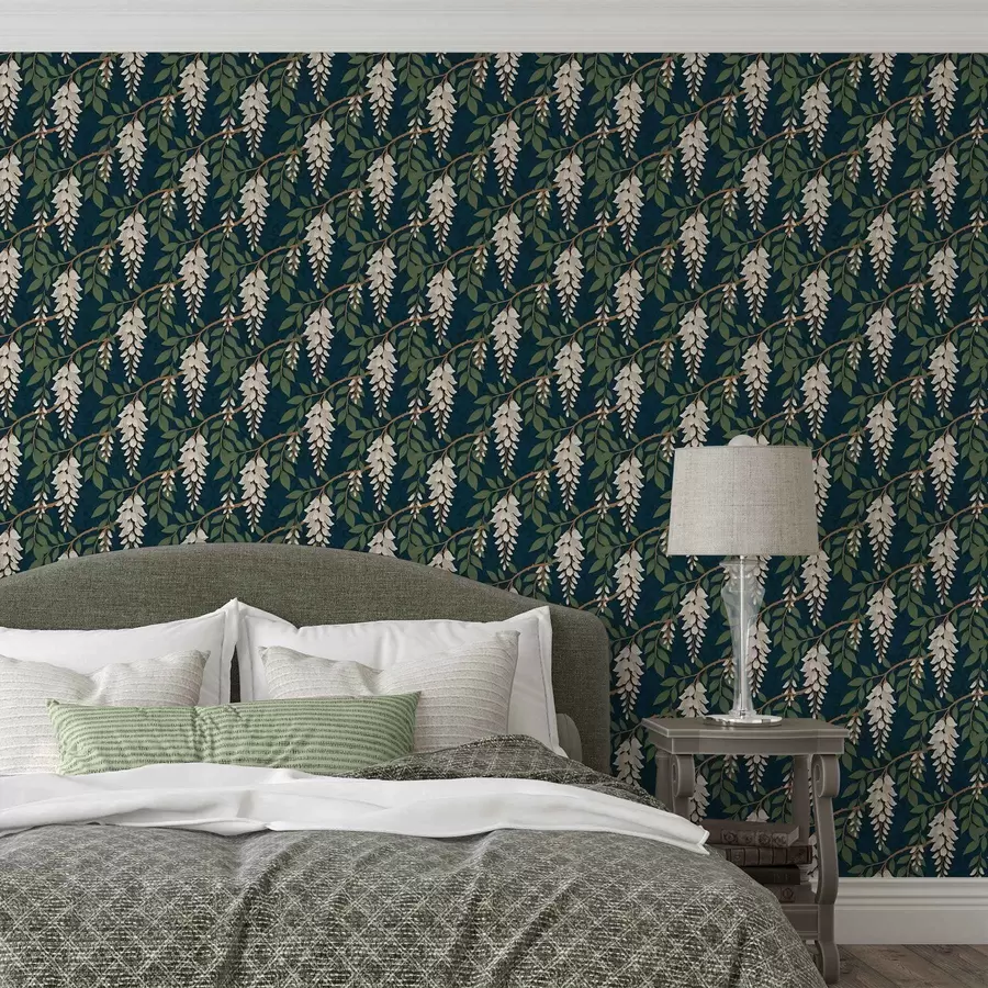 Valokuvatapetti Norsunluunvärinen wisteria syvän sinivihreällä taustalla a00694v1