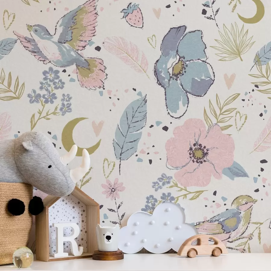 Valokuvatapetti Pastelliväriset linnut ja kukat sekä puolikuut valkoisella taustalla a00721