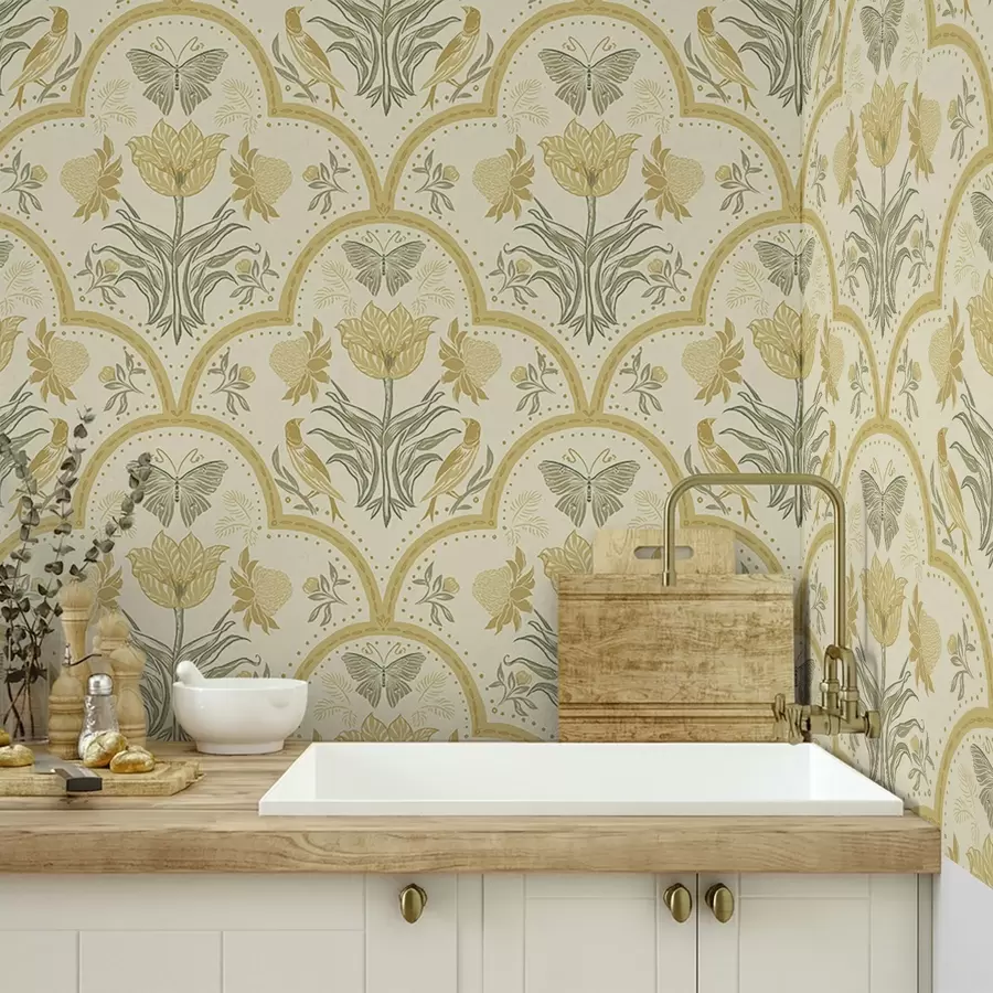 Valokuvatapetti Koriste, jossa tulppaani, linnut ja perhoset, okra a00722