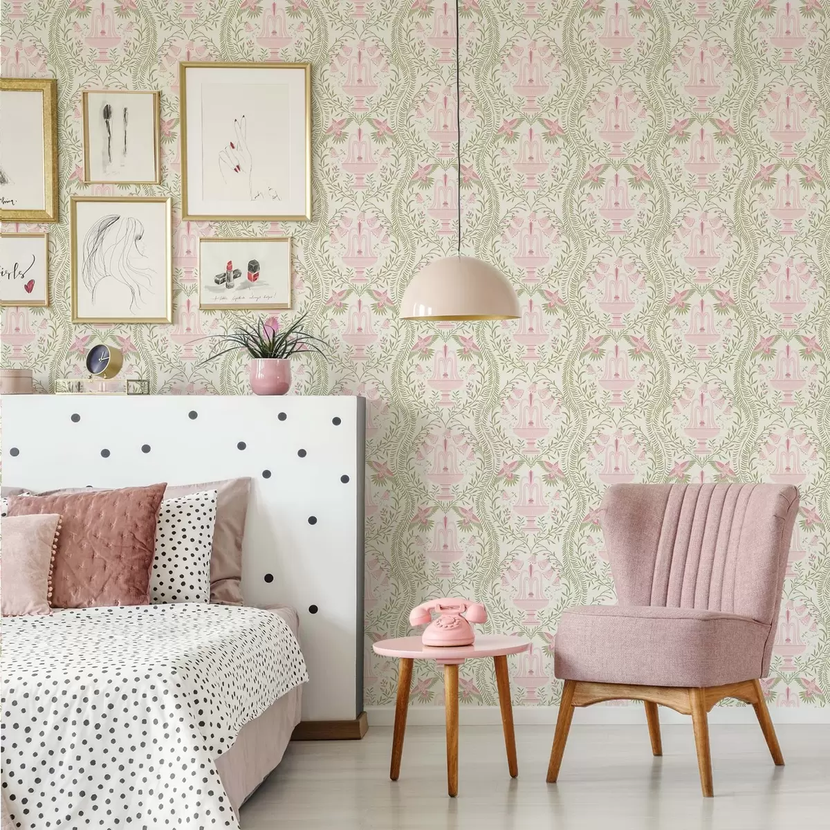 Taustakuva Suihkulähteet, kolibrit ja vihreät kääröt vaalealla taustalla a00723