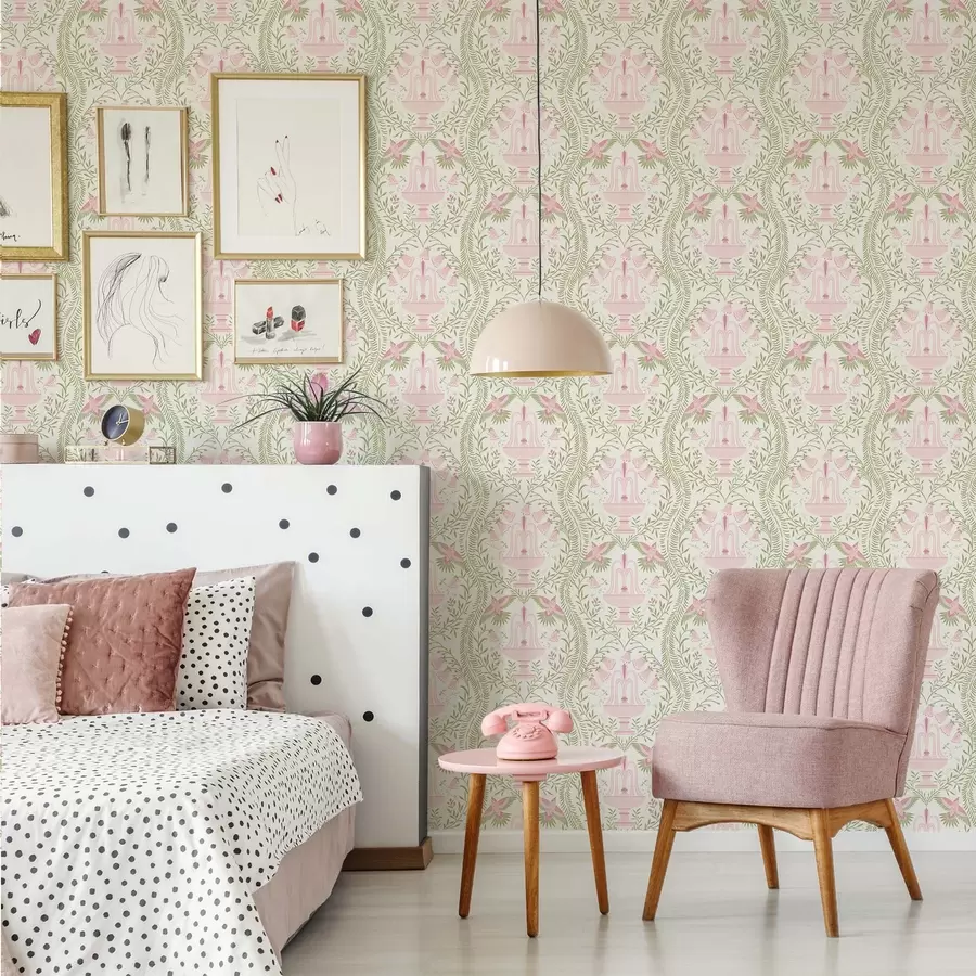 Valokuvatapetti Suihkulähteet, kolibrit ja vihreät kääröt vaalealla taustalla a00723