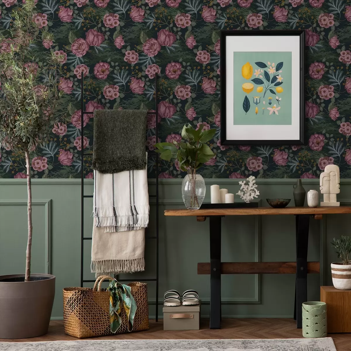 Taustakuva Tumma kasvisto, jossa on vaaleanpunaisia kukkia ja lehtiä, syvä tausta a00724