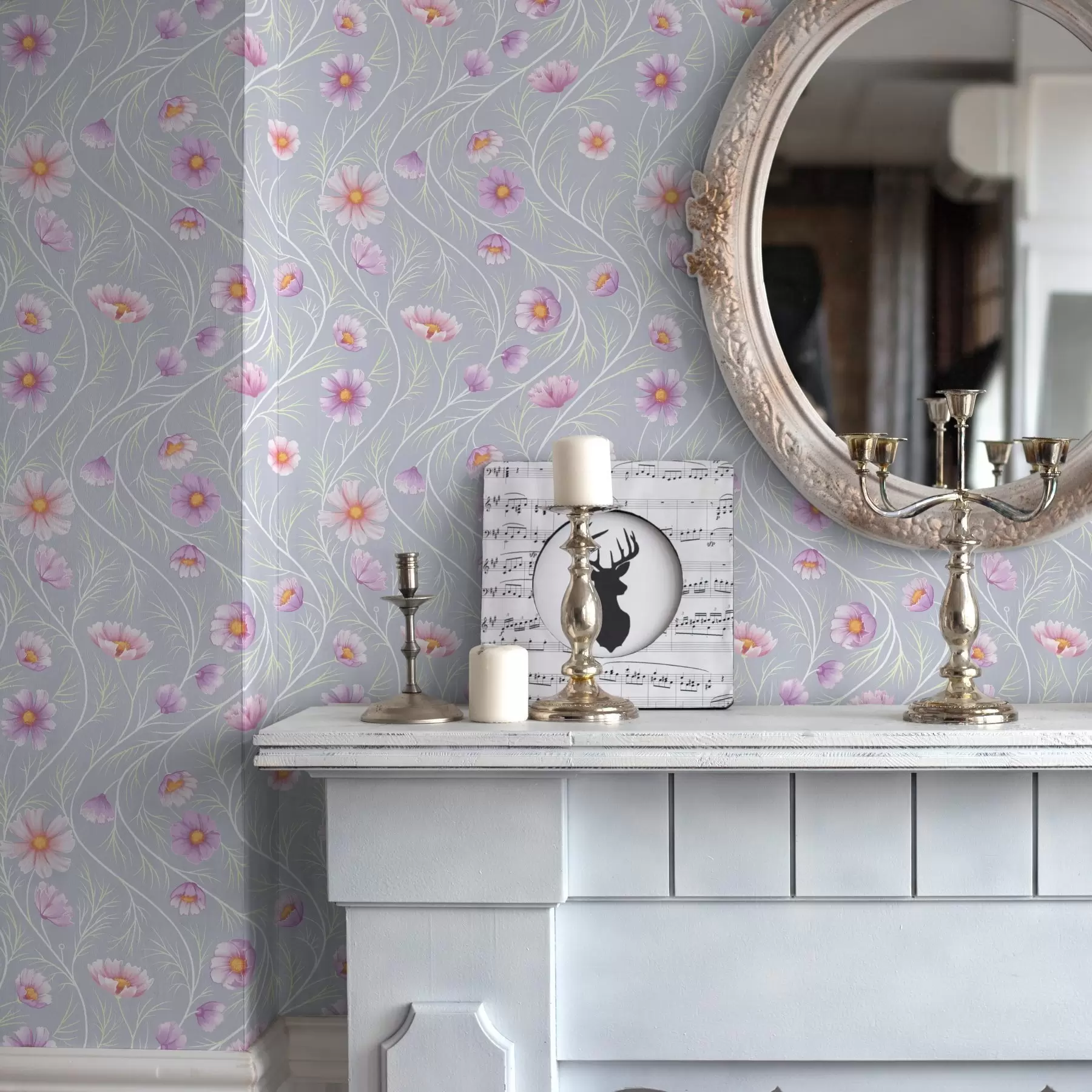 Valokuvatapetti Vaaleanpunaiset kosmoskukat ja hoikka varret harmaalla taustalla a00791