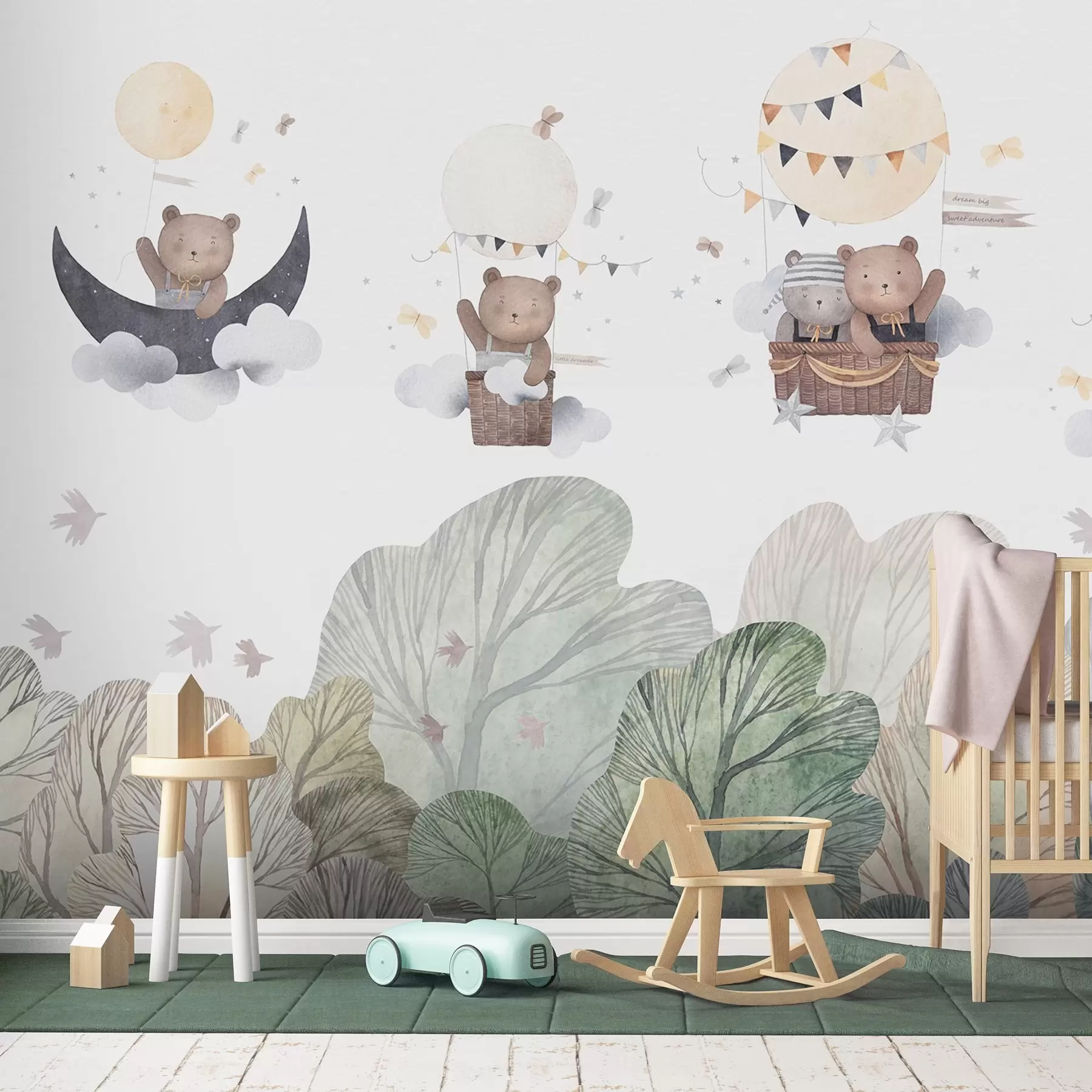 Valokuvatapetti Vesivärityyliset ilmapallot, joissa on karhuja metsän yllä w09437