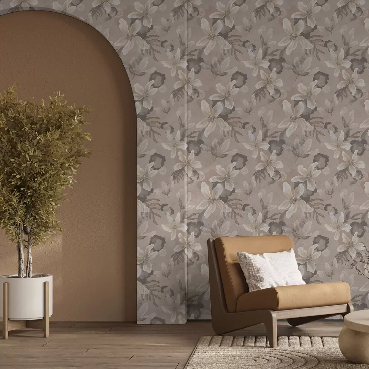 Taustakuva Suuret beige kukat, joissa on abstrakteja vesiväri-täpliä a00635