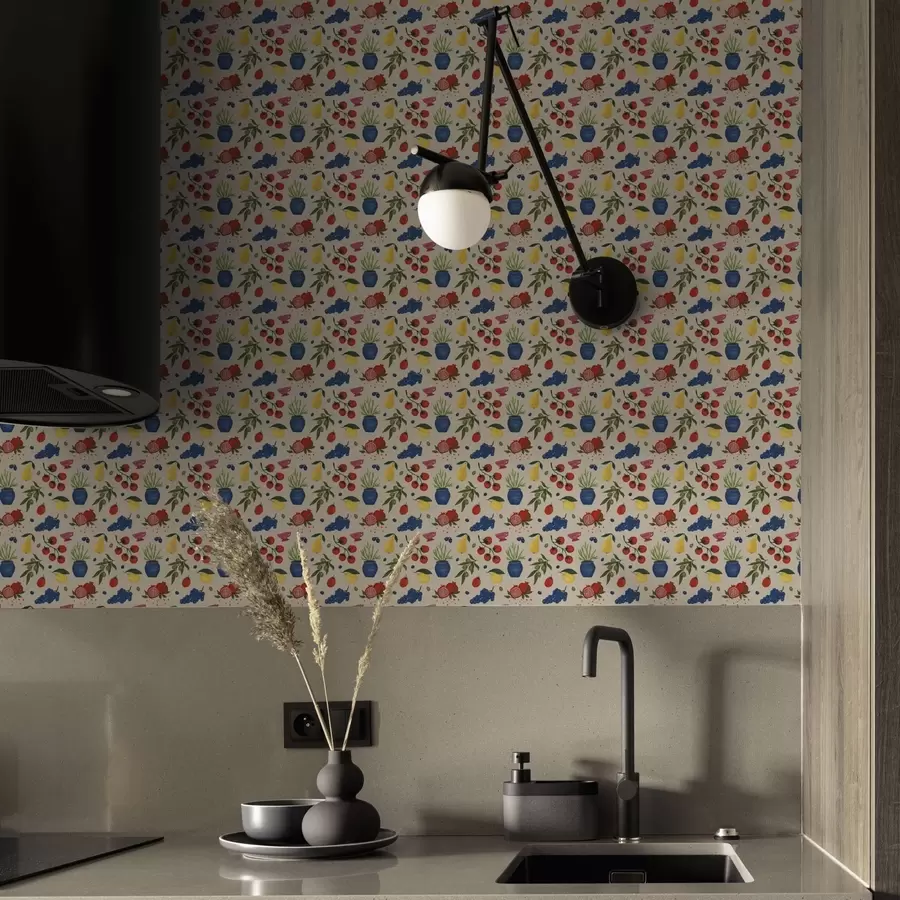 Valokuvatapetti Värikäs kuvio, jossa on hedelmiä, oksia ja maljakoita a00637