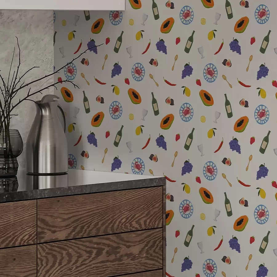 Valokuvatapetti Järjestetyt hedelmät, viini ja mausteet vaalealla taustalla a00639