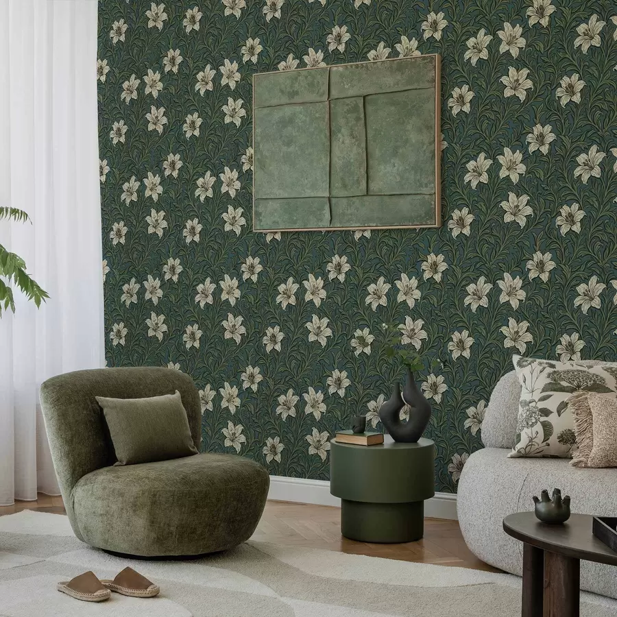 Valokuvatapetti Kermanväriset liljat tiheän vehreyden keskellä turkoosilla taustalla a00645