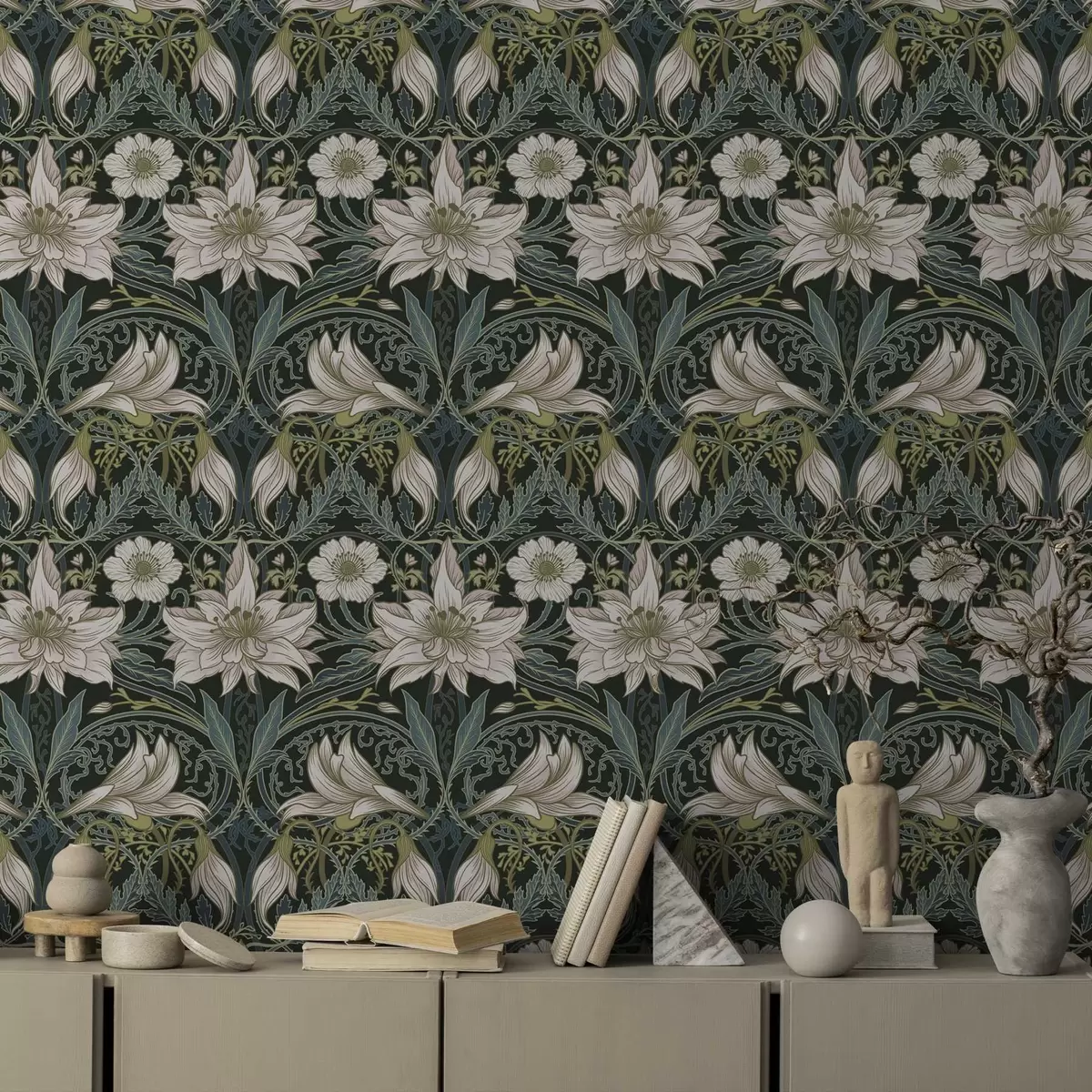 Taustakuva Art Nouveau -kompositio, jossa liljoja tummalla taustalla a00696