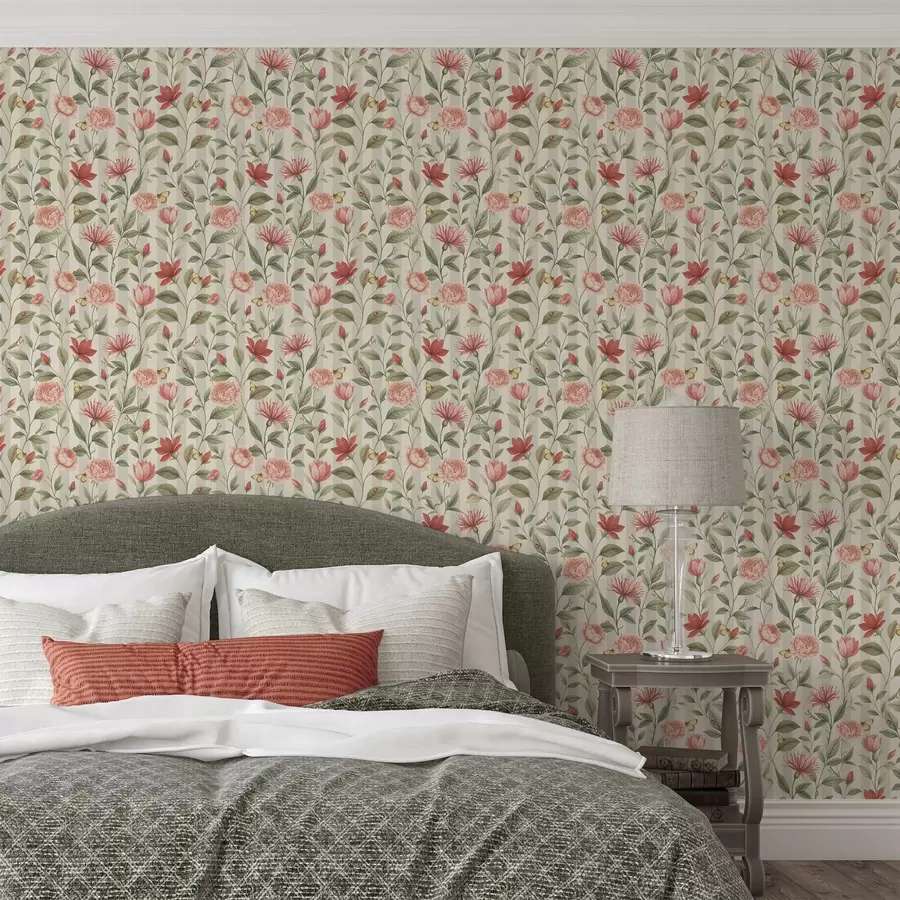 Valokuvatapetti Kukkaisvarret ja perhoset vaalealla taustalla a00698