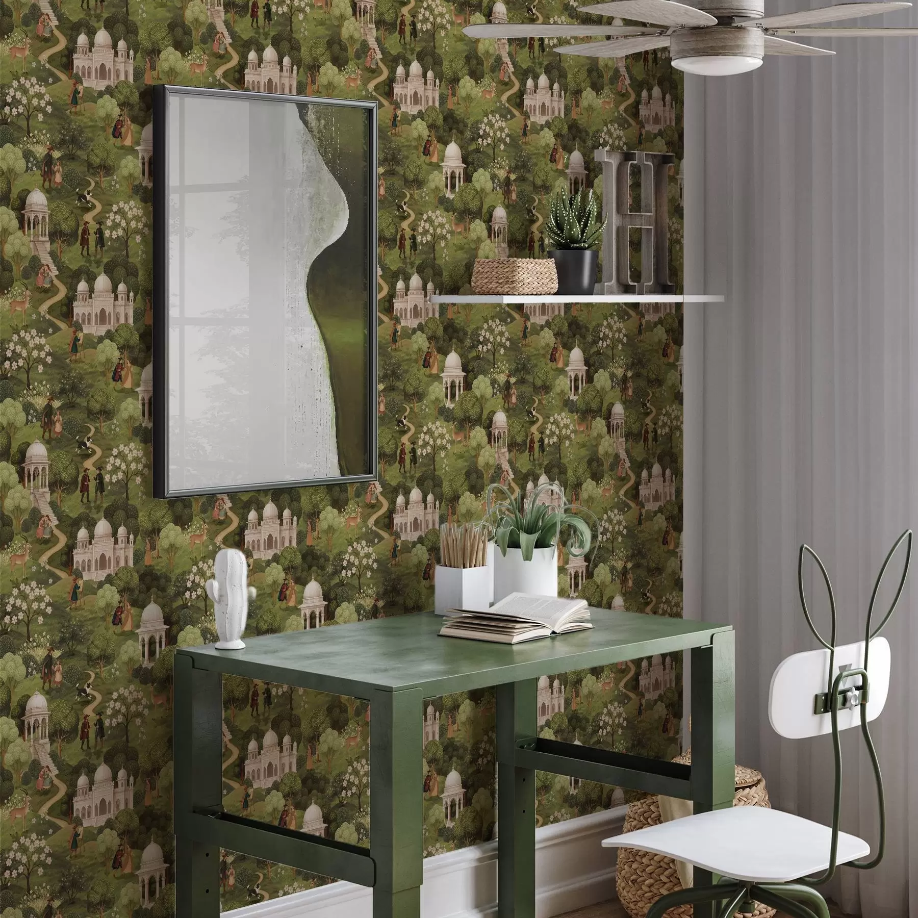 Valokuvatapetti Puisto, jossa on puita ja arkkitehtuuria maisematyylillä a00705