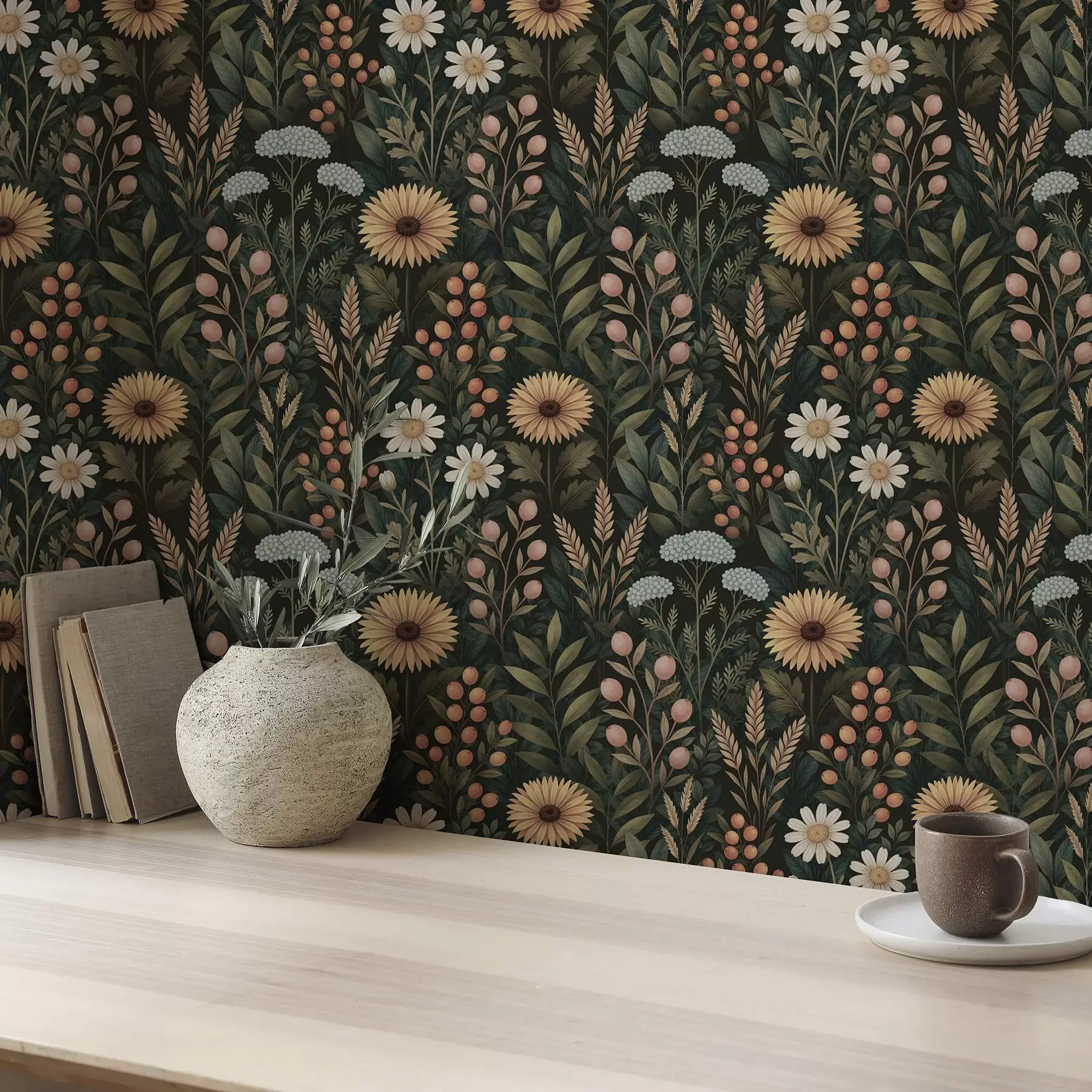 Valokuvatapetti Kukkaset ja marjat tummalla taustalla, luonnollinen koriste a00707