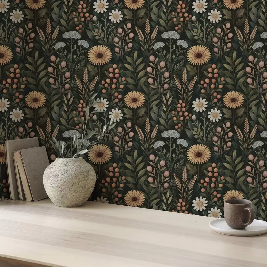 Valokuvatapetti Kukkaset ja marjat tummalla taustalla, luonnollinen koriste a00707