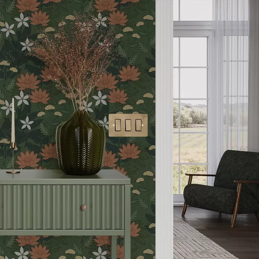 Valokuvatapetti Suuret kukat vihreän lehtien keskellä, koristeellinen sommitelma a00708