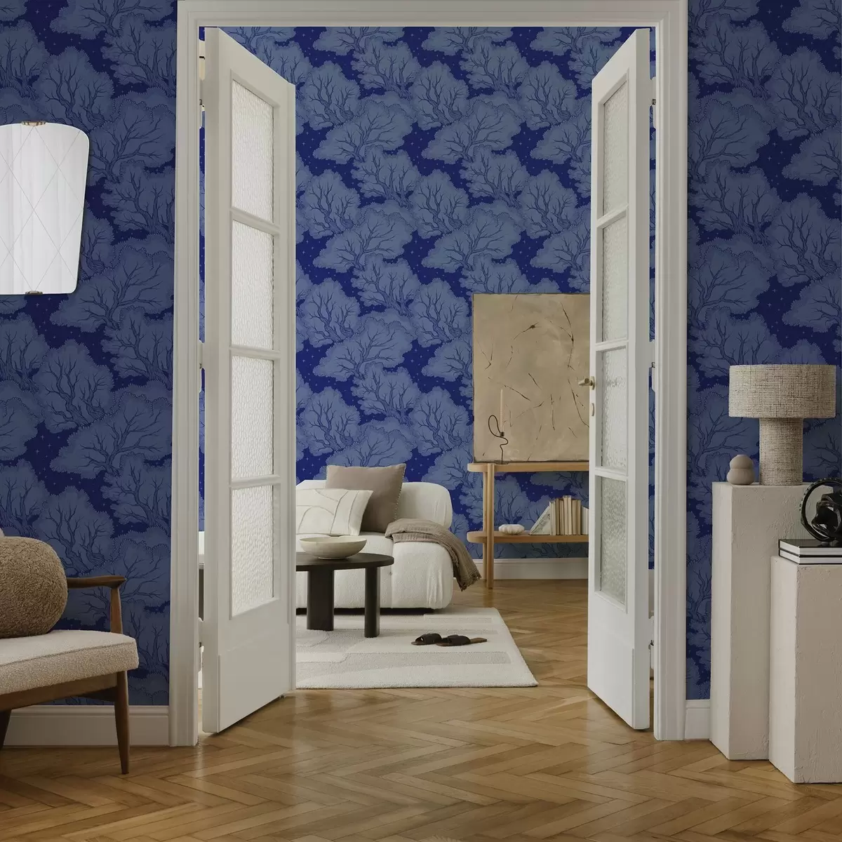 Taustakuva Sinisen sävyiset puiden siluetit tähtitaivaan alla a00798