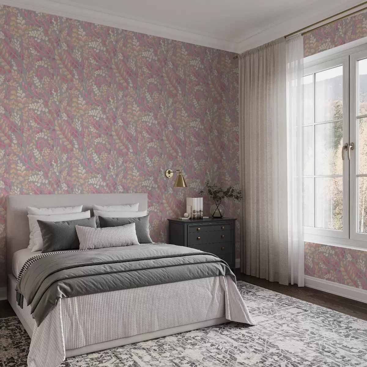 Taustakuva Pastellivärit oksat, joissa on vaaleanpunaisia ja persikanvärisiä lehtiä harmaalla taustalla a00799v1