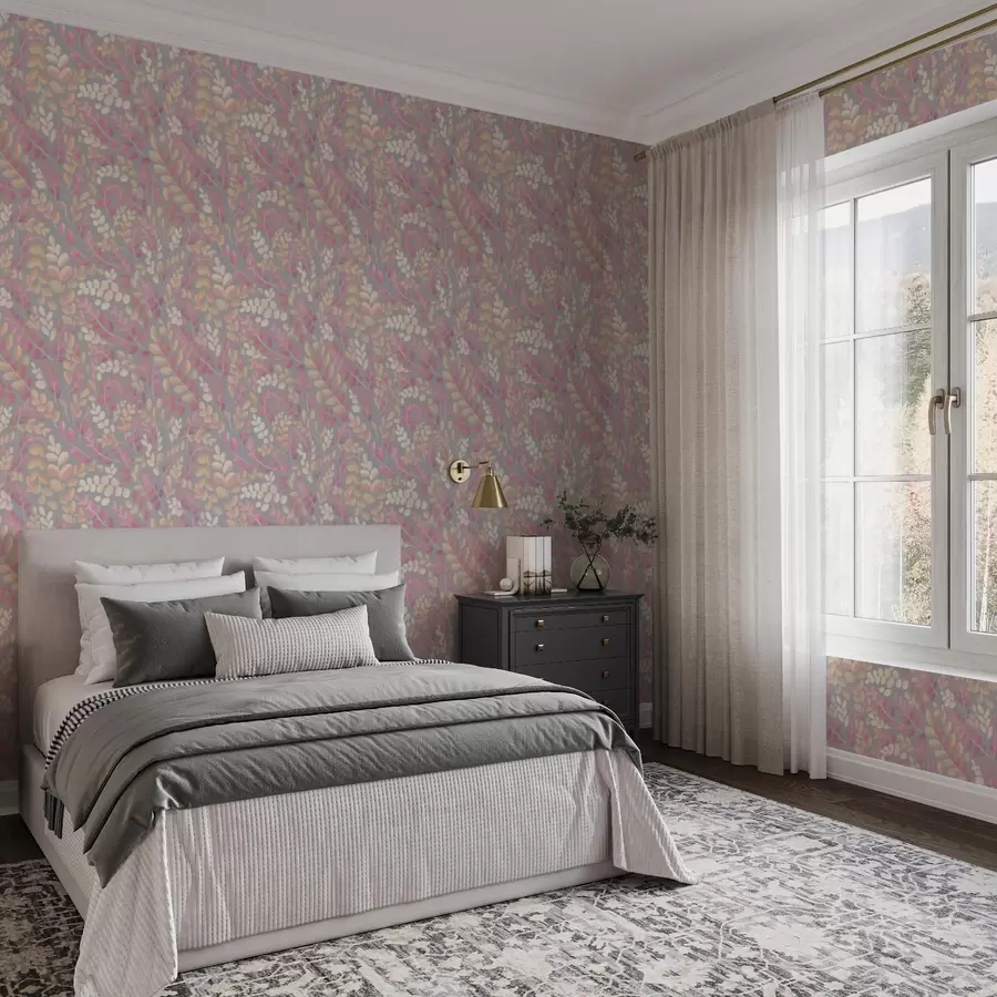 Valokuvatapetti Pastellivärit oksat, joissa on vaaleanpunaisia ja persikanvärisiä lehtiä harmaalla taustalla a00799v1