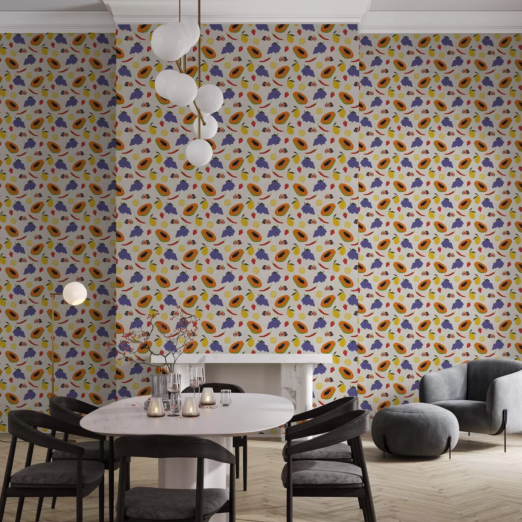 Valokuvatapetti Papaija, viinirypäleet ja sitruunat – kirkas hedelmäsekoitus a00803