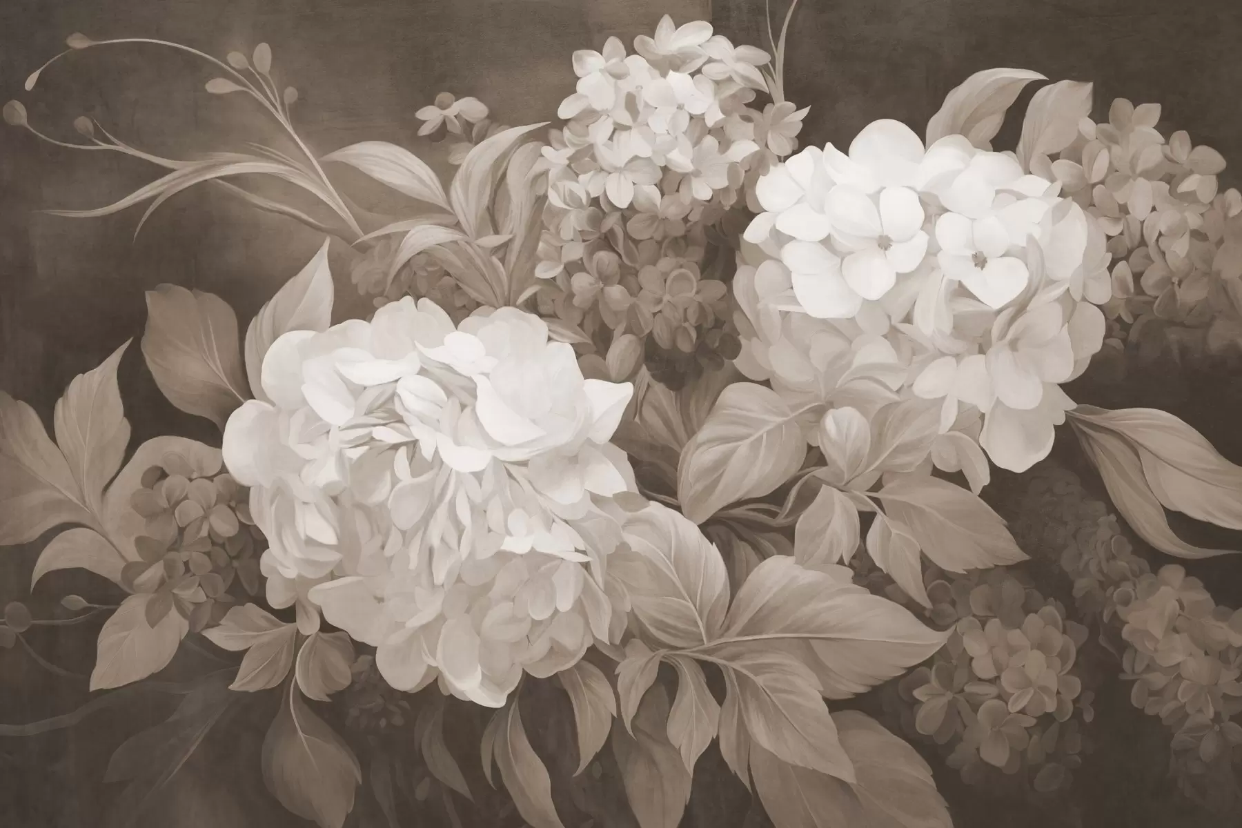 Valokuvatapetti Teksturoitu seepianvärinen maalaus, joka jäljittelee hydrangea-kukkia suurine lehdineen, abstrakti ja tumma tausta w09465