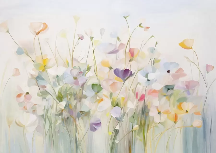 Valokuvatapetti Abstrakti kenttä värikkäitä kukkia, joilla on pitkät varret ja vihreät lehdet, teksturoitu, pastellivärit, vaaleat värit w09466