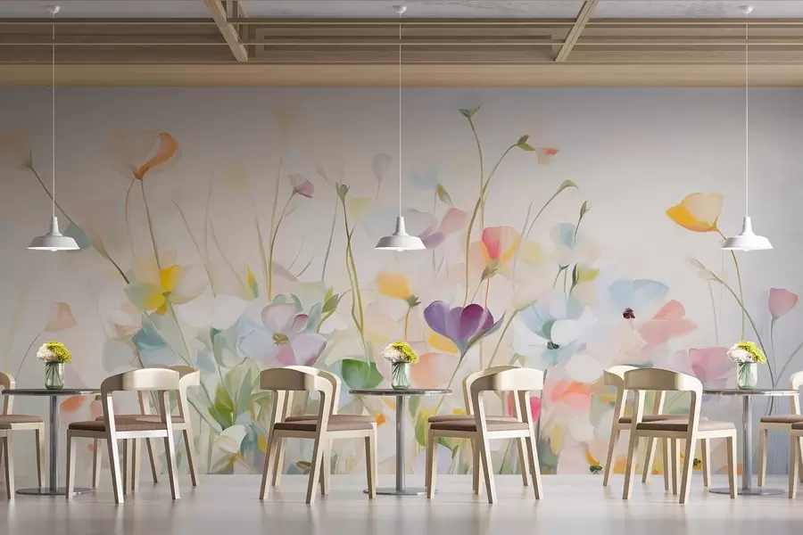 Valokuvatapetti Abstrakti kenttä värikkäitä kukkia, joilla on pitkät varret ja vihreät lehdet, teksturoitu, pastellivärit, vaaleat värit w09466
