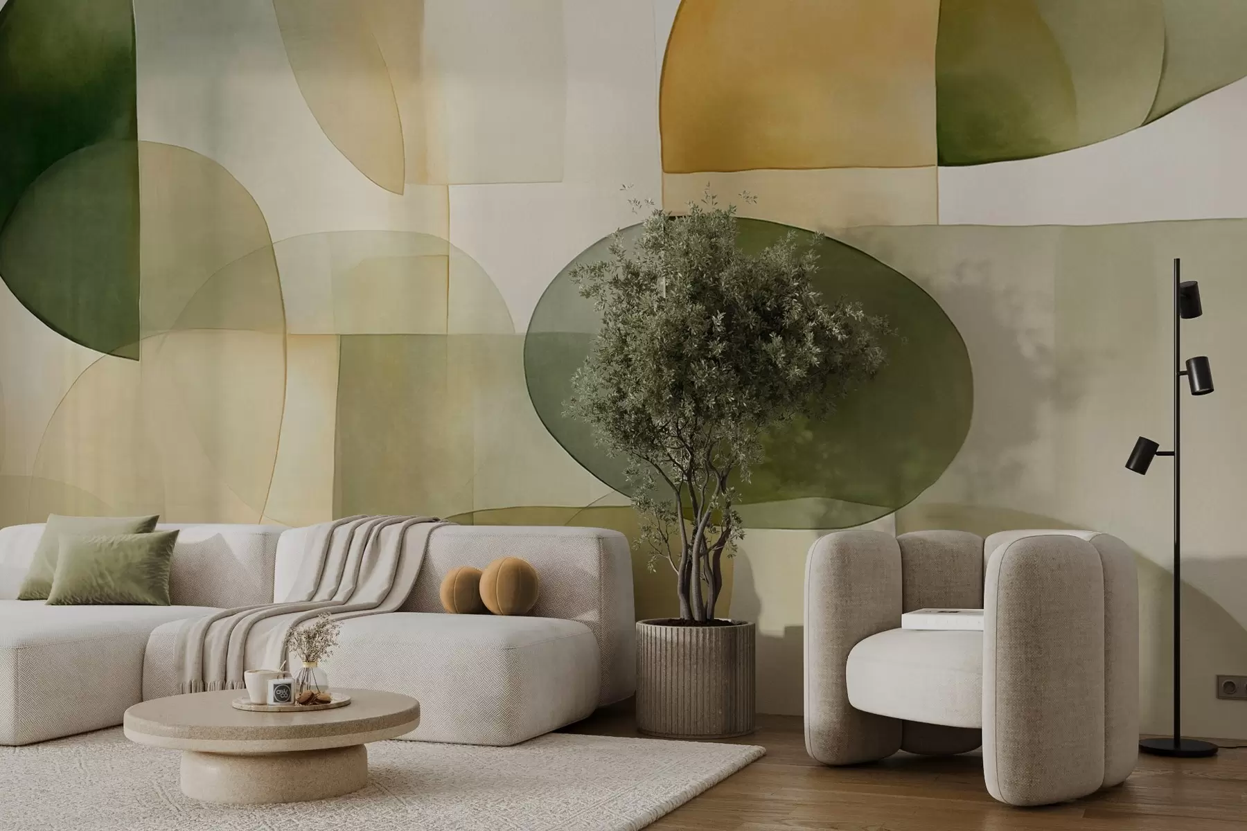 Valokuvatapetti Abstraktit teksturoidut muodot vihreän ja keltaisen sävyissä, hillityt sävyt, minimalistinen sommitelma, neutraali tausta w09467